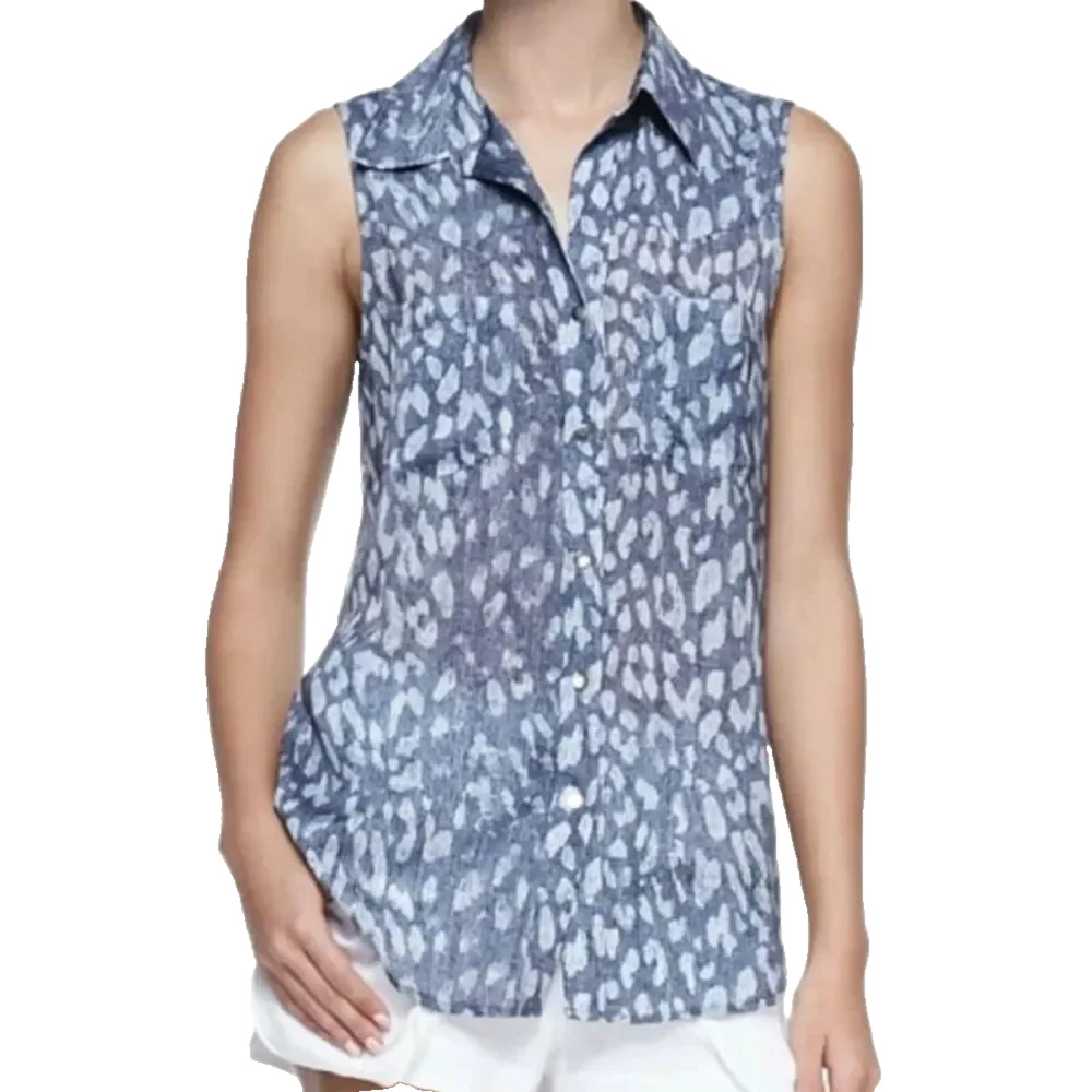 L'AGENCE Blouse Shirt Leopard Animal Print Snap Front Top Blue Sleeveless 2 XS